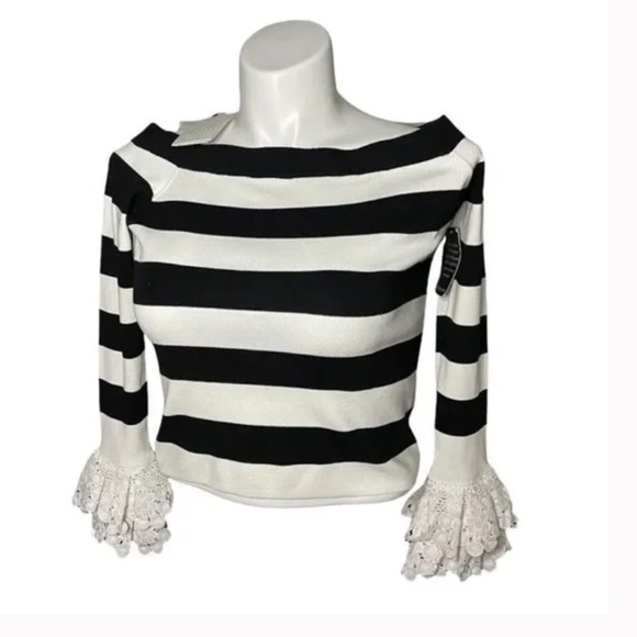 NWT Flutter Sleeve L English Factory Off Shoulder Striped Sweater Boston Proper - Picture 6 of 8